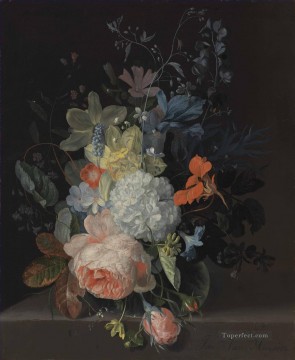 フラワーズ Painting - 石の棚の上のガラスの花瓶にバラ 雪だるま水仙 アイリス その他の花々 ヤン・ファン・ホイサムの古典的な花